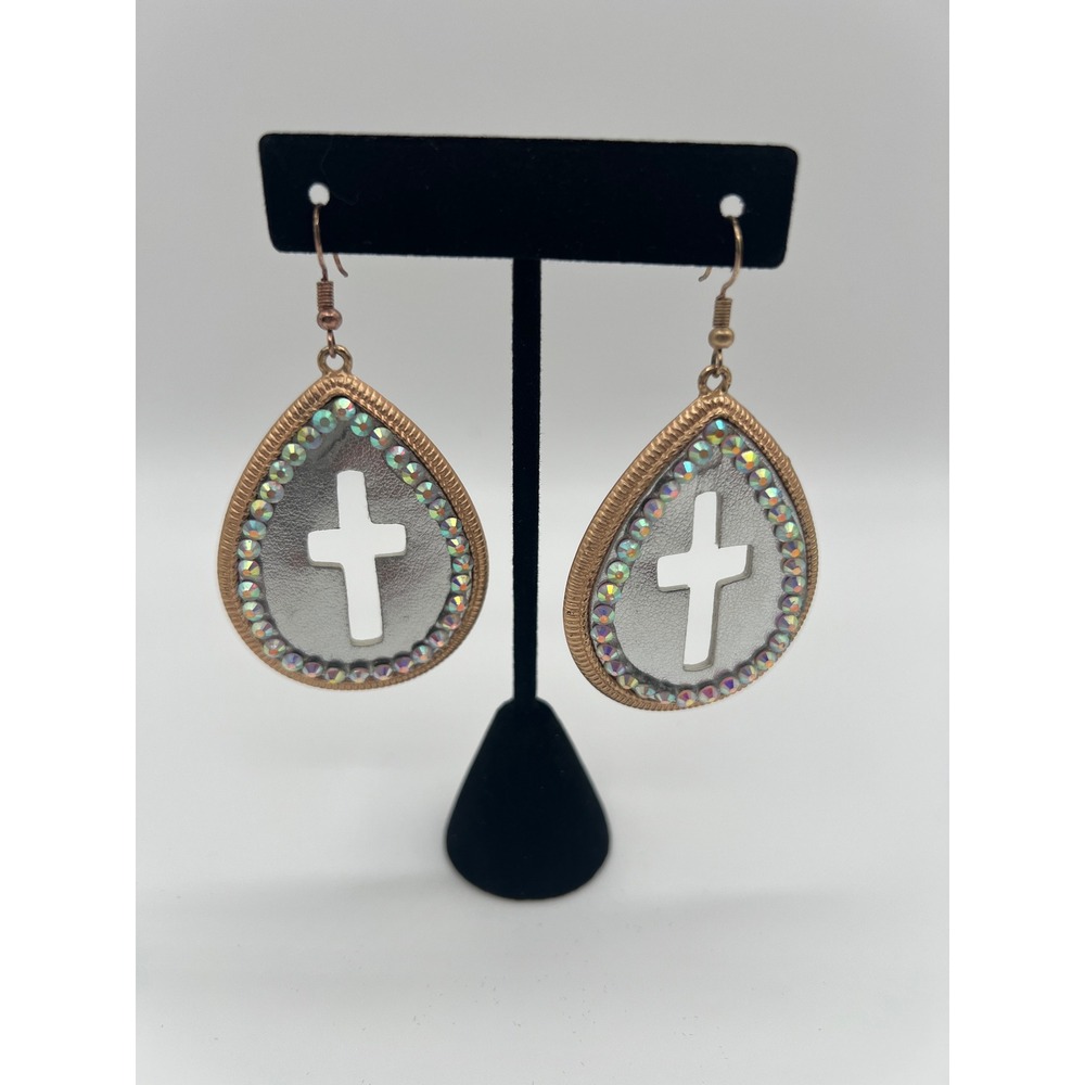 Teardrop Cross Drop Earrings Gold Silver Tone AB Rhinestone Religious Jewelry